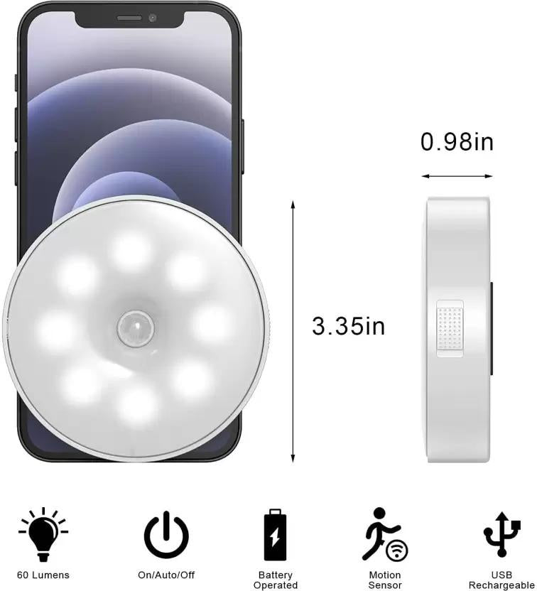 Round LED light with smartphone for scale, dimensions, and features displayed.