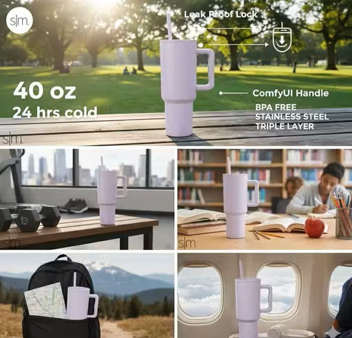 Premium 1200ml Stainless Steel Insulated Tumbler with Straw & Spill-Proof Lid  | Trendy Travel Mug