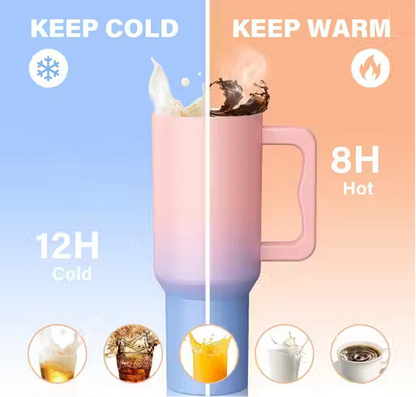 Large gradient pink and blue stainless steel tumbler with handle, lid, and straw — premium insulated travel mug for hot and cold drinks.