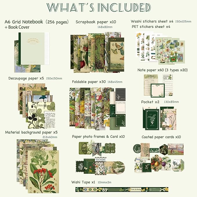 346pcs Vintage Journal Scrapbook Pack Kit – Forest Green Aesthetic