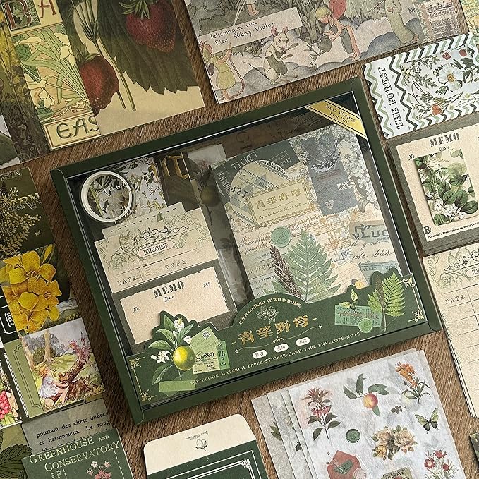 346pcs Vintage Journal Scrapbook Pack Kit – Forest Green Aesthetic