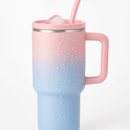 Stylish 1200ml stainless steel vacuum insulated tumbler with handle, lid, and straw — pink and blue gradient reusable travel mug with ice, perfect for hot and cold drinks.
