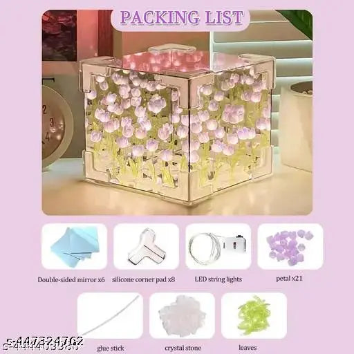 Tulip Cube Mirror Lamp with 20 LED Tulips – 2-in-1 Decorative Light for Home & Gifting
