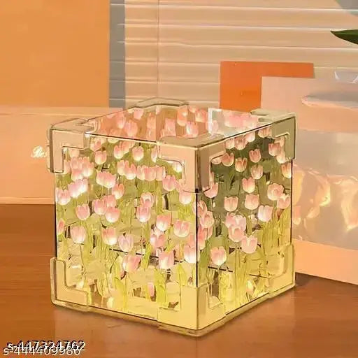 Tulip Cube Mirror Lamp with 20 LED Tulips – 2-in-1 Decorative Light for Home & Gifting
