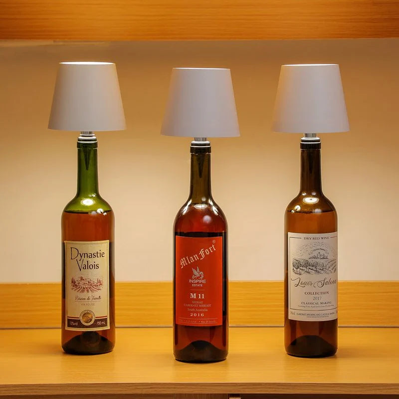 Creative three wine bottle lamp with premium black lampshade, ideal for restaurants, cafes, and mood lighting setups.